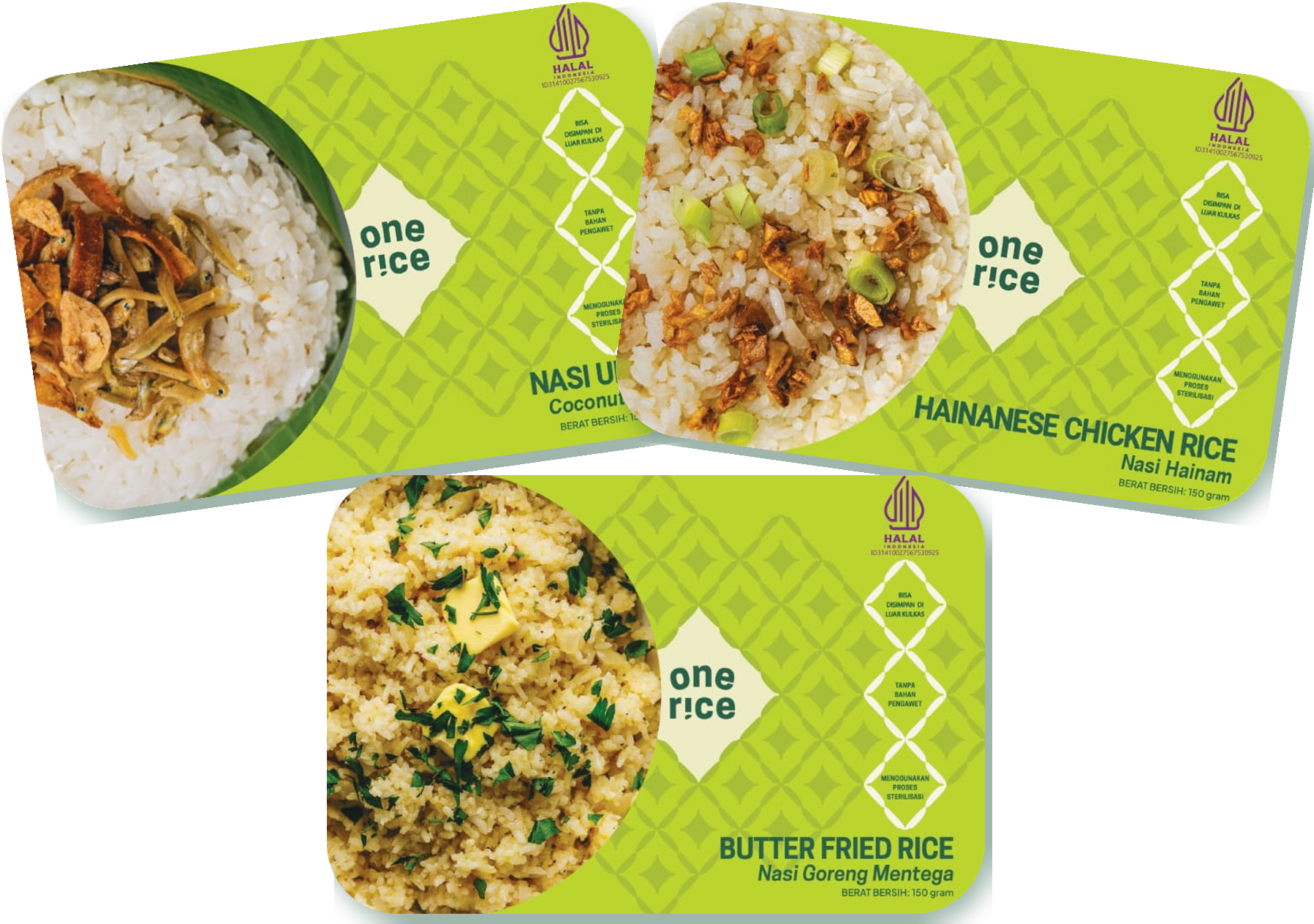 OneRice meal packaging — Nasi Uduk, Butter Fried Rice, Hainanese Chicken Rice
